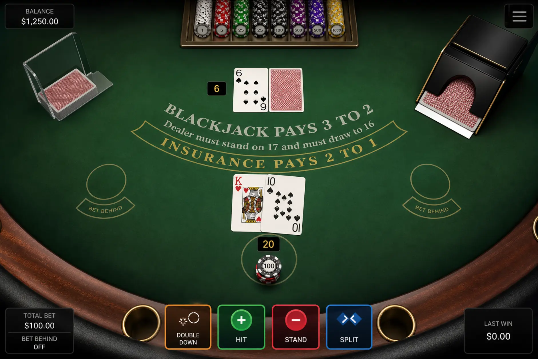 Stół blackjack online z rozdaniem kart gracza i dealera