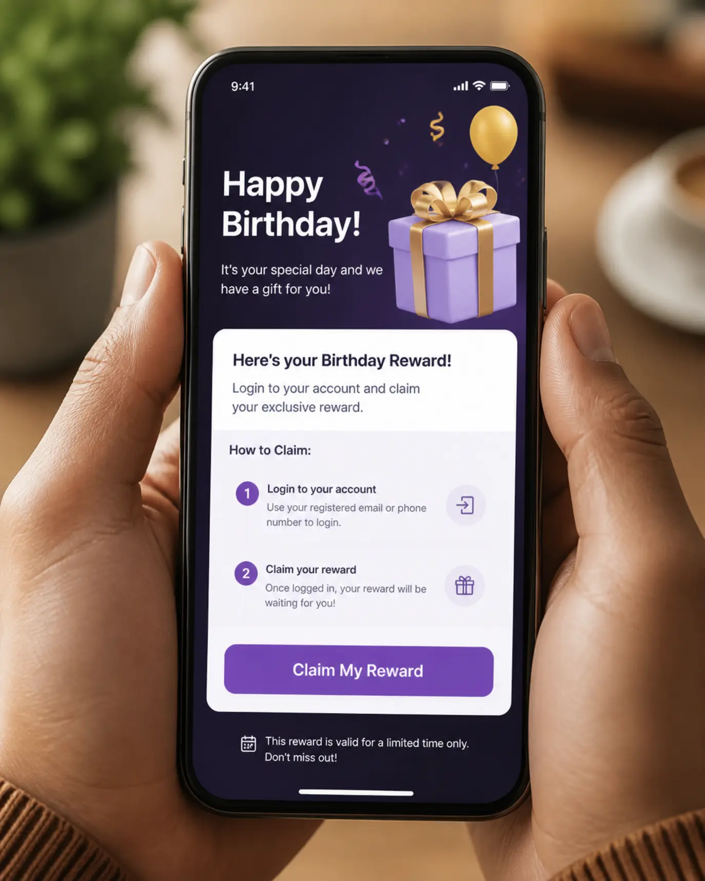 Smartfon z powiadomieniem o bonusie urodzinowym i przyciskiem odbioru