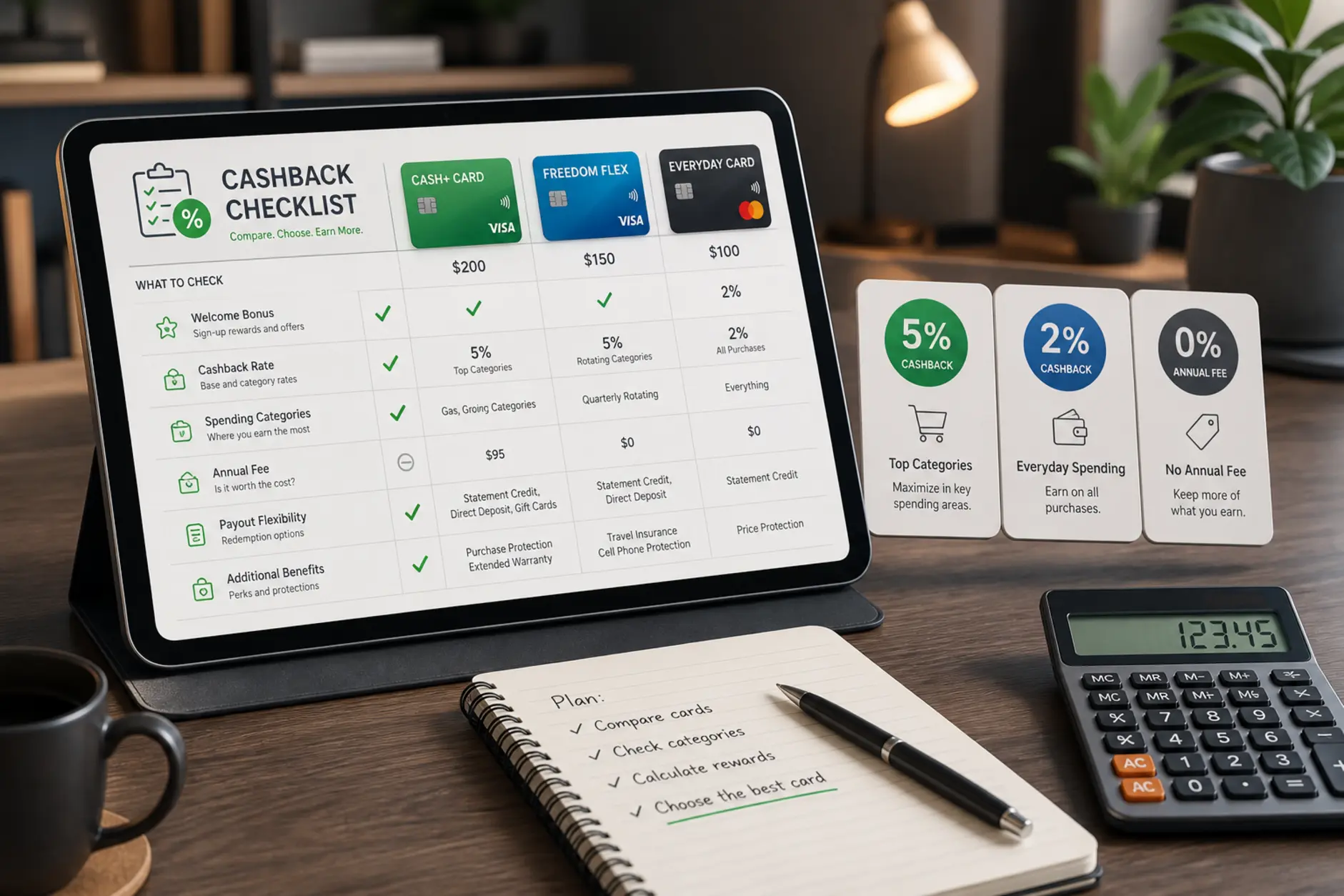 Checklista oceny warunków cashback bonusu na ekranie tabletu
