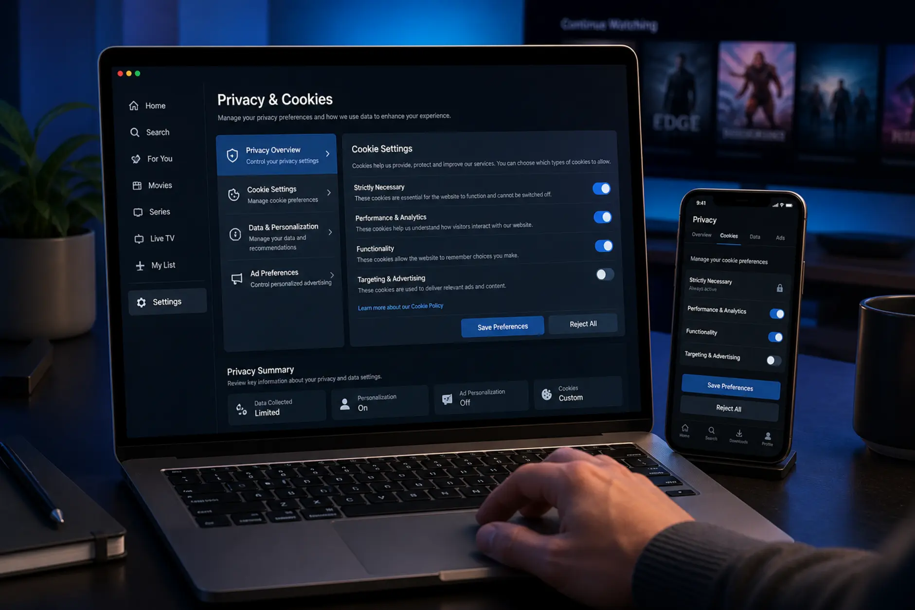 Użytkownik zarządza ustawieniami prywatności i cookies w serwisie online