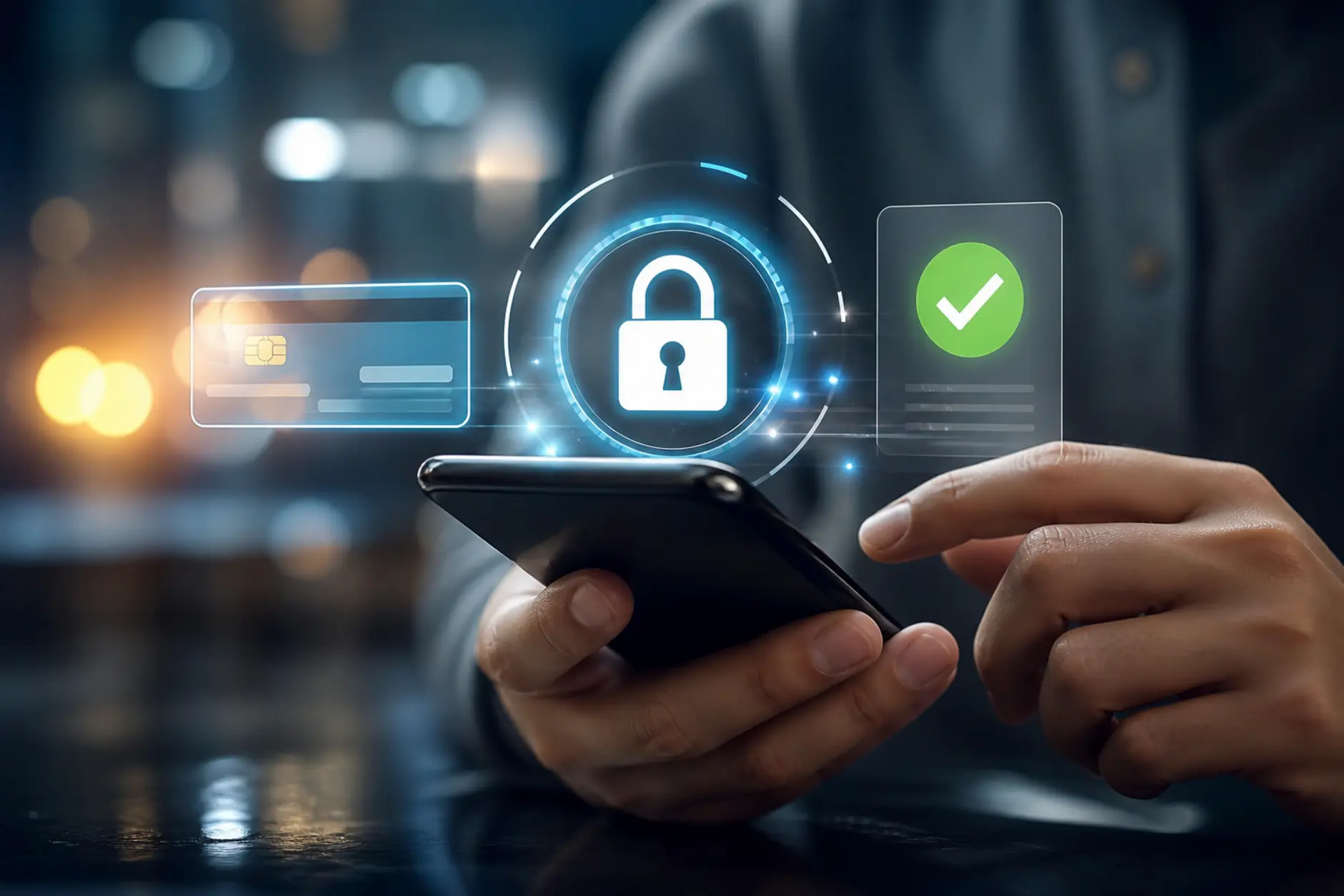 Symboliczny widok płatności mobilnych i bezpieczeństwa na smartfonie