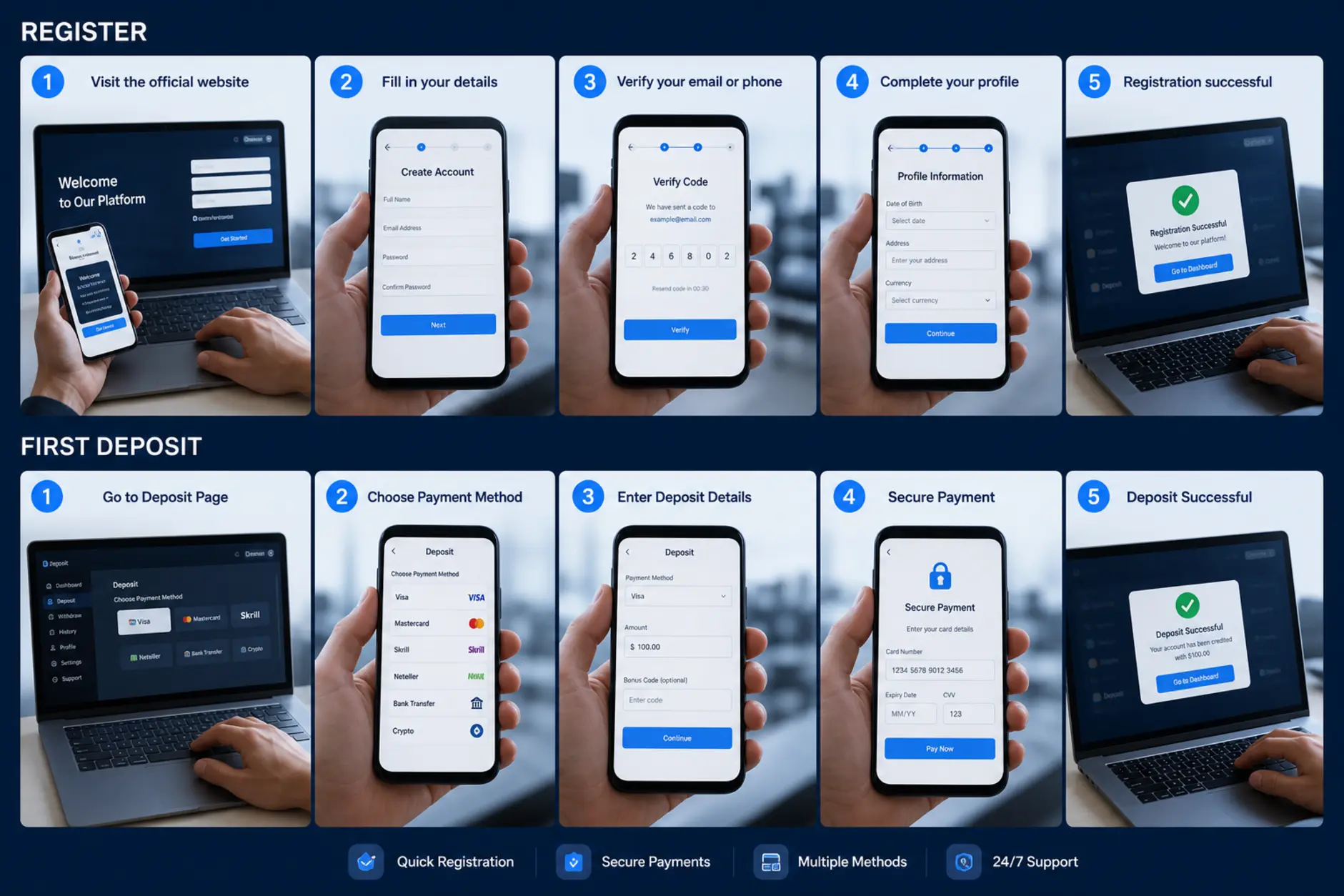 Proces rejestracji i pierwszej wpłaty na urządzeniu mobilnym i laptopie