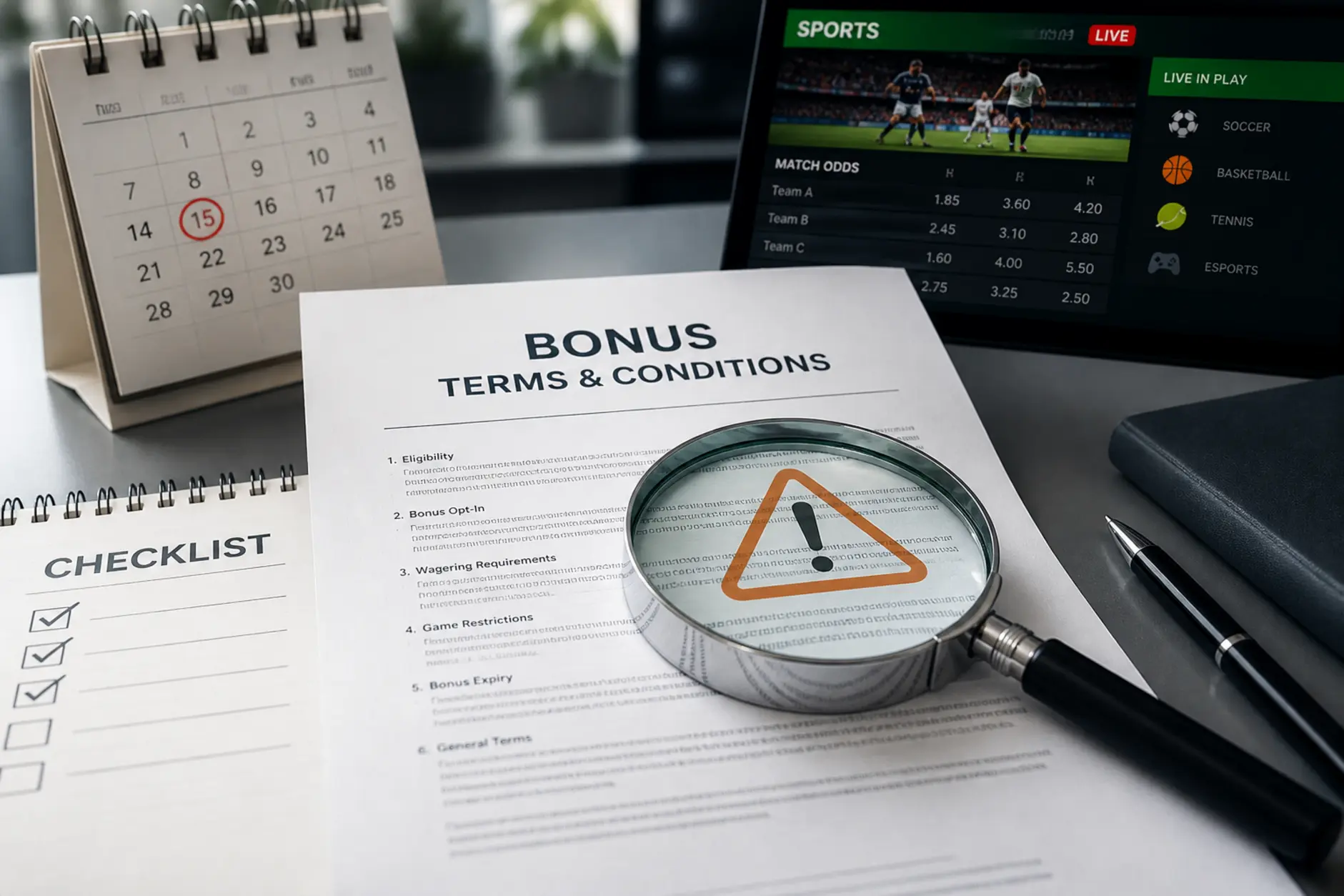 Haczyki i warunki bonusów na start Regulamin bonusu na start z lupą i ikoną ostrzeżenia